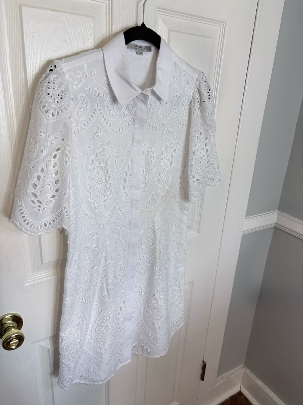ALLSAINTS Cecee White Eyelet Mini Shirt Dress US 2 UK 6 EU 34 - Picture 4 of 12